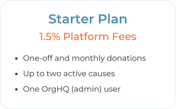 GiveNow starter plan. Free to use. 1.5% platform fees. One-off and monthly donations. Up to two active causes. One OrgHQ (admin) user.