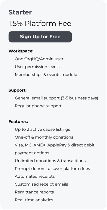 GiveNow Starter Plan - Free to use and sign up with 1.5% platform fee.