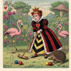 alice in wonderland queen of hearts playing croquet, colour vintage engraving illustration style based on original illustrations, isolated